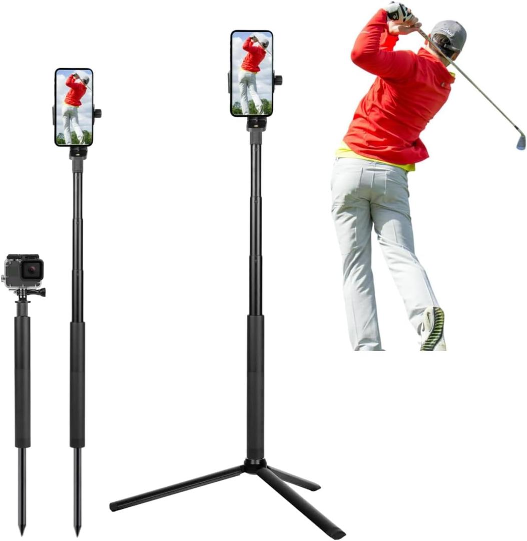 Golf Tripod and Monopod Selfie Stick with Ground Spike Stake, Golf Swing Analyzer Phone Holder for Training Aid, Golf Selfie Stick Tripod for Recording Swings