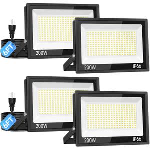 ISUERFY 4Pack 200W LED Flood Light Outdoor with Plug, 24000Lm Super Brighter Security Light, IP66 Waterproof LED Worklight, 5000K Daylight White Exterior Floodlight for Yard Garden Garage Stadium