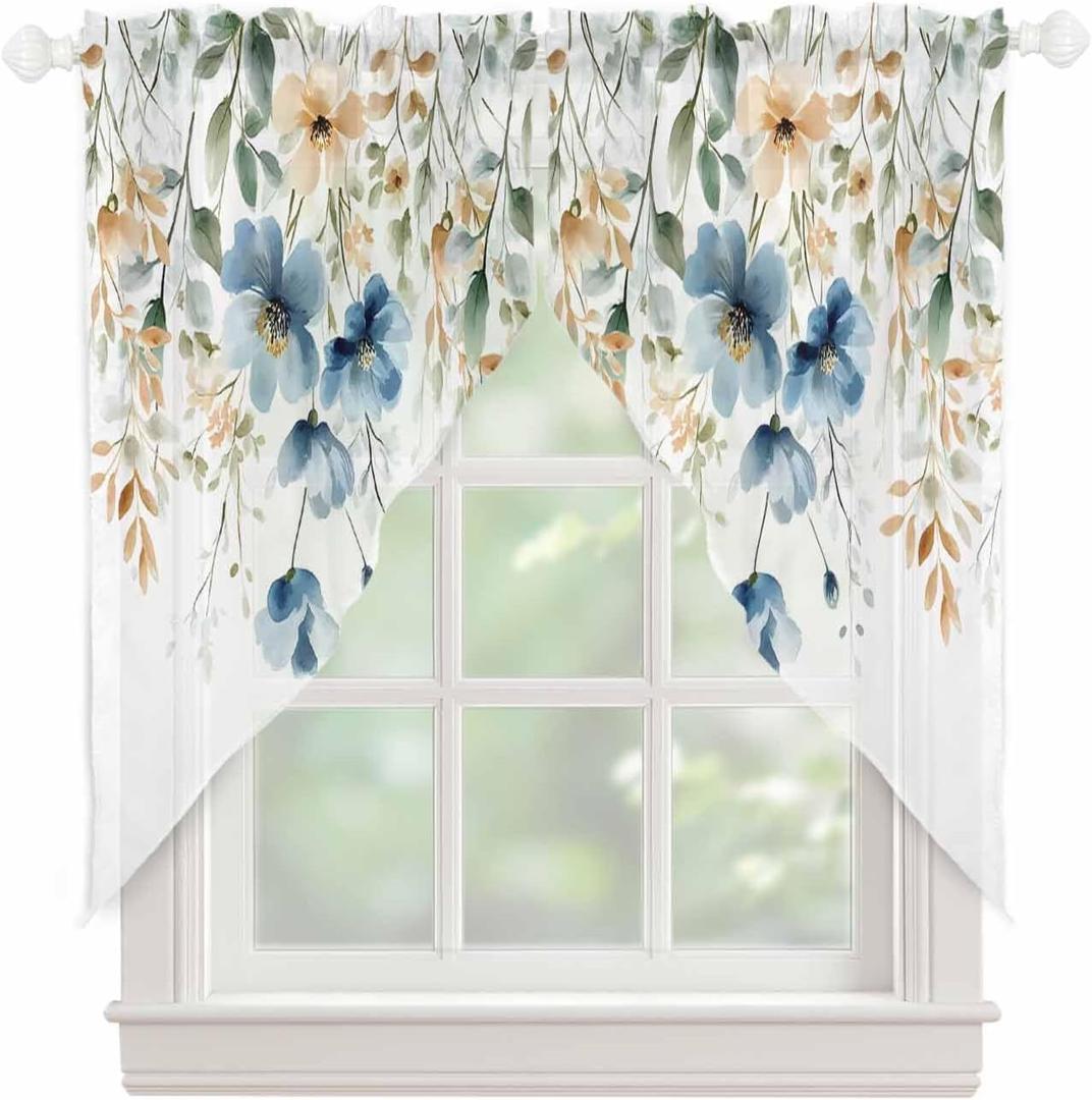 Flowers Eucalyptus Swag Curtain Valance for Kitchen Window,Botanical Blue Beige Floral Leaves Voile Sheer Tier Curtains,Watercolor Plants Rod Pocket Tier Swag Topper for Living Room 36"x63" 2 Panels