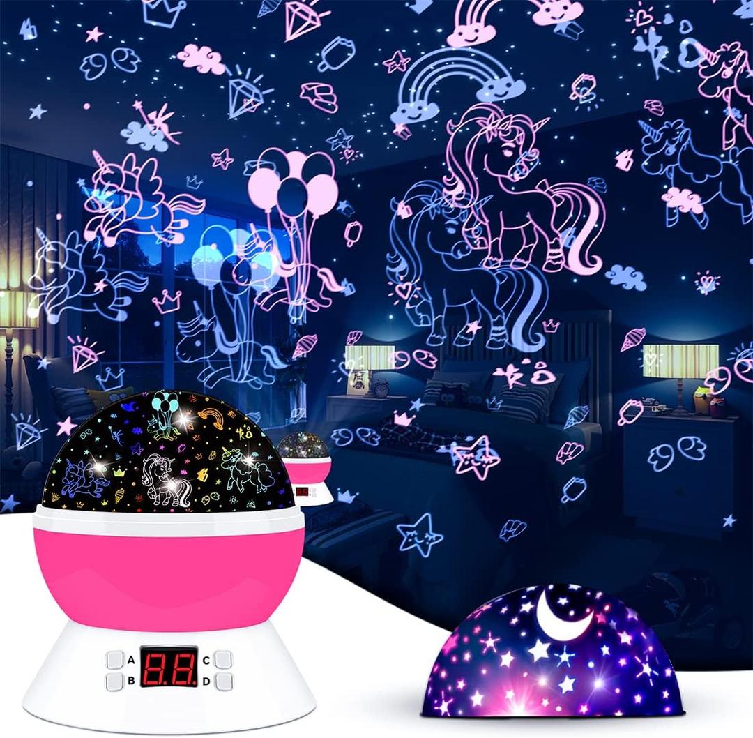 Unicorn Star Projector for Kids, 360 Rotating Night Light Lamp with Timer, Stars Ceiling Projection for Girls Room, Birthday Unicorn Gift for Girls Age 3-8, Bedroom Night Light for Kids (Light Pink-2)