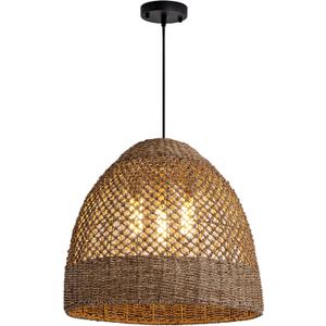 18.9" Farmhouse Rattan Pendant Light Fixture 3-Lights Costoal Chandelier Boho Hand Woven Wicker Hanging Light Fixture for Kitchen Island Living Room Bedroom Dining Room Foyer Restaurant Coffee, 19IN