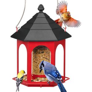 Kingsyard Metal Bird Feeder for Outdoors Hanging, 3 lbs Seed Feeder, Wild Bird Feeders for Garden Cardinal Finch Bluebird, Easy to Fill & Clean, Red