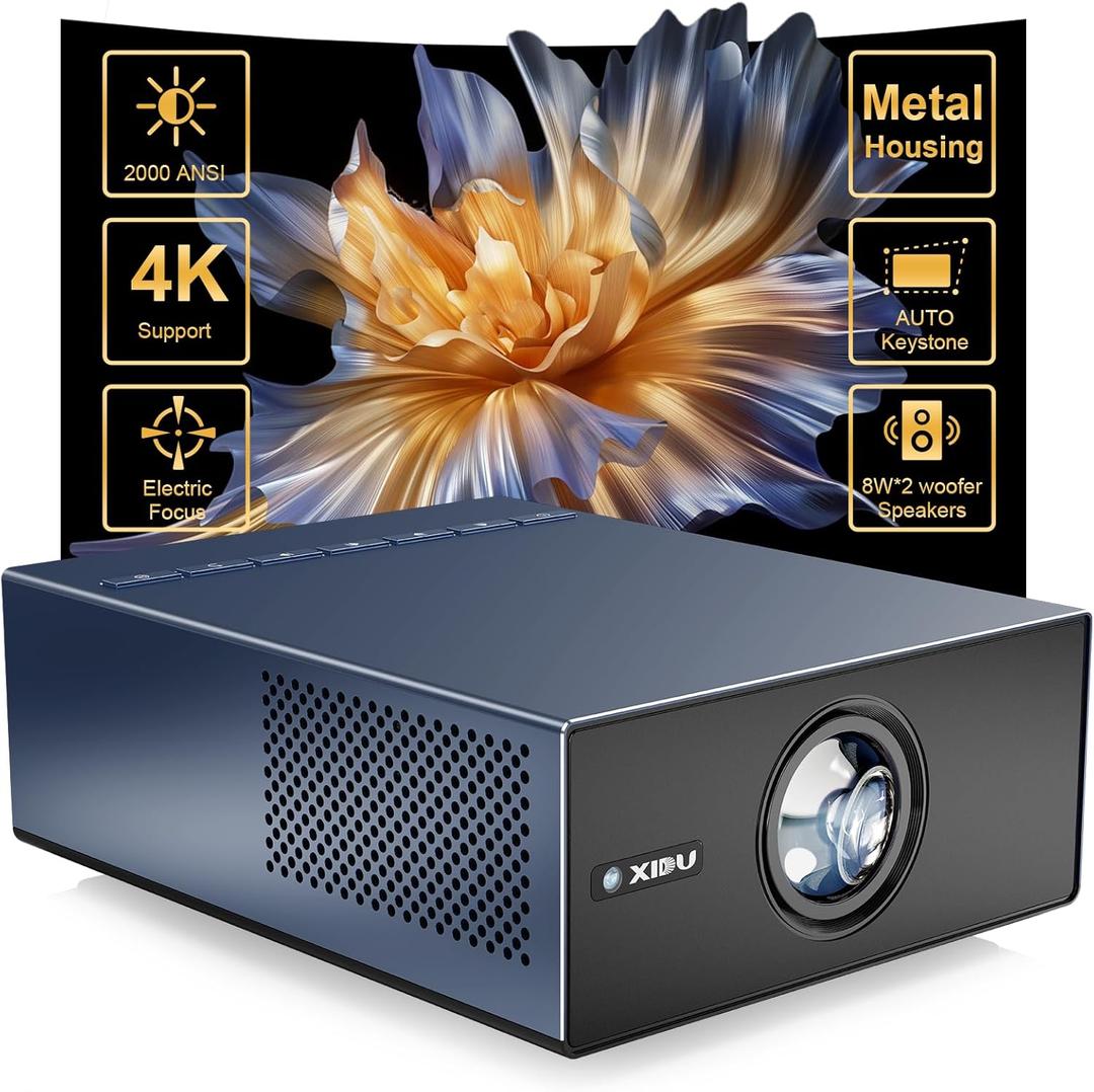 XIDU Portable Projector with WIFI and Bluetooth [Metal/2000ANSI/Native 1080P/Wireless Casting/Electric Focus/Auto Keystone]4K Outdoor Movie proyector for Home,Fire TV stick,iOS,Android,Laptop (Naval)