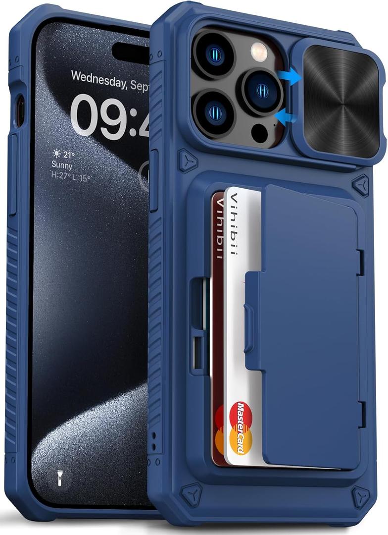 Vihibii for iPhone 15 Pro Max Wallet Case with Card Holder (4 Cards) & Slide Lens Protective Cover & Kickstand & Raised Edges Protect Screen, Shockproof Rugged Case for iPhone 15 Pro Max 6.7", Blue