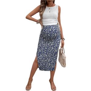 Milumia Women's Maternity Outfits 2 Piece Eyelet Ruched Tank Top and Floral Double Slit Midi Skirt Sets (Large, Navy Blue)