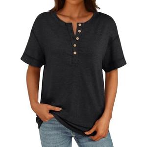AUTOMET Womens Short Sleeve Henley Shirts Summer Dressy Casual Flowy Tops Loose Fit Basic Trendy Fashion Blouses 2025 Black M