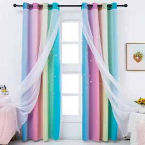 Reepow Rainbow Kids Blackout Curtains 2 Panels for Girls Bedroom Playroom, Tulle Overlay Star Cut Out Curtains with Stainless Steel Gromment Top - 52x84 Inches, Pink Yellow