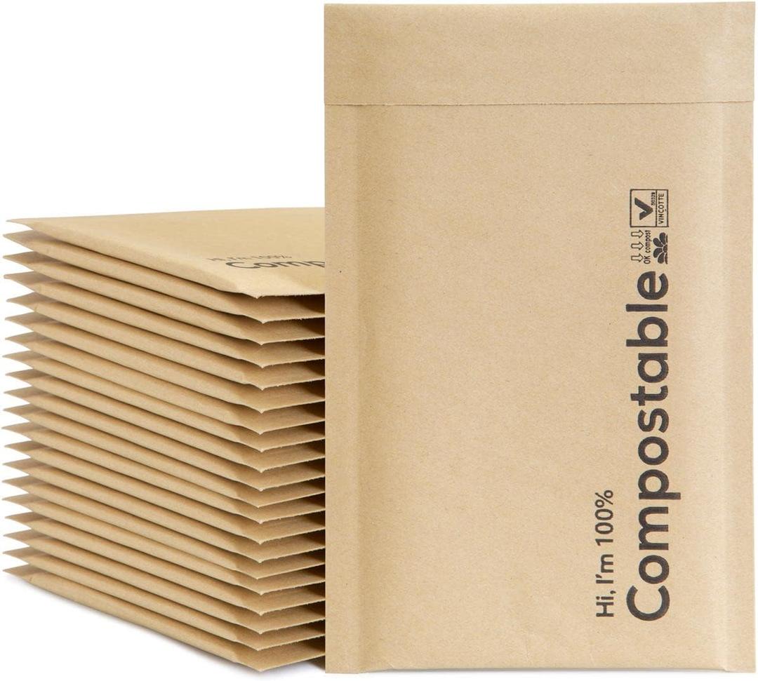 4x8 100% Biodegradable Bubble Mailers, 25 Count Kraft Brown #000 Compostable Padded Packaging Wrap Envelopes Pouches Eco Friendly Self Seal Bags