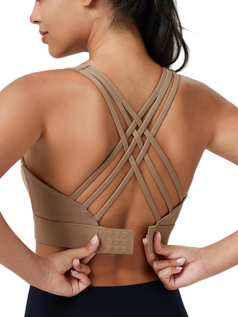 High Impact Sports Bra for Women High Support Molded Cups Strappy Womens Sports Bra for Workout,Training and Running (Large, Brown)