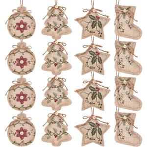 Jetec 16 Pieces Rustic Christmas Burlap Tree Ornaments Farmhouse Hanging Decorations Christmas Stocking Tree Ball Shaped Decor for Party
