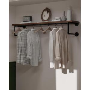 Clothes Rack 48in, Wall Mounted Garment Racks with Real Walnut Wood Shelf, Heavy Duty Hanging Clothes Rack, Multi-Purpose Hanging Rod, Space-Saving Closet Storage