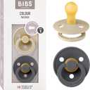 Bibs Pacifiers Color Collection, Set of 2 BPA-Free Latex Pacifiers Made in Europe, Round Nipple Baby Pacifier. (6+ Month (Pack of 2), Vanilla / Iron)