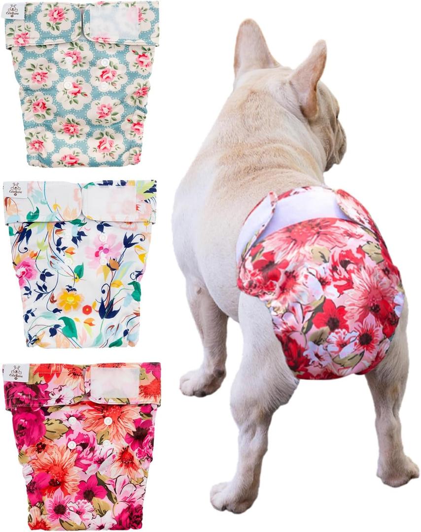 CuteBone Washable Dog Diapers Female No Tail Hole 3 Pack Reusable Doggie Period Training Pants for Docked-Tail Frenchie French Bulldog Boston Terrier Without Tail WWD02M