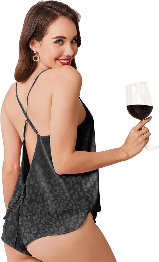 Ekouaer Womens Satin Pajama Set, Backless Cami Top and Shorts Soft Pjs Set for Lounging or Sleepwear (Black) 2XL