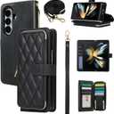 Wallet Case for Samsung Galaxy Z Fold 7 with Zipper Card Holder & Shoulder Strap & Wrist Strap, Crossbody Purse Handbag Stylish Protective Cover for Galaxy Z Fold 7 -Black