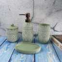 Hymmah Green Bathroom Accessories Set,Farmhouse Bathroom Decor,4 Pcs Resin Gift Set Apartment Necessities, Contain Cotton Swab Jar,Soap Dispenser,TumblerSoap Dish/Tray