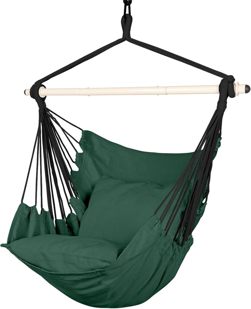 Highwild Hammock Chair Hanging Rope Swing - Max 500 Lbs - 2 Cushions Included - Steel Spreader Bar with Anti-Slip Rings - for Any Indoor or Outdoor Spaces (D- Cushions Included-Green)