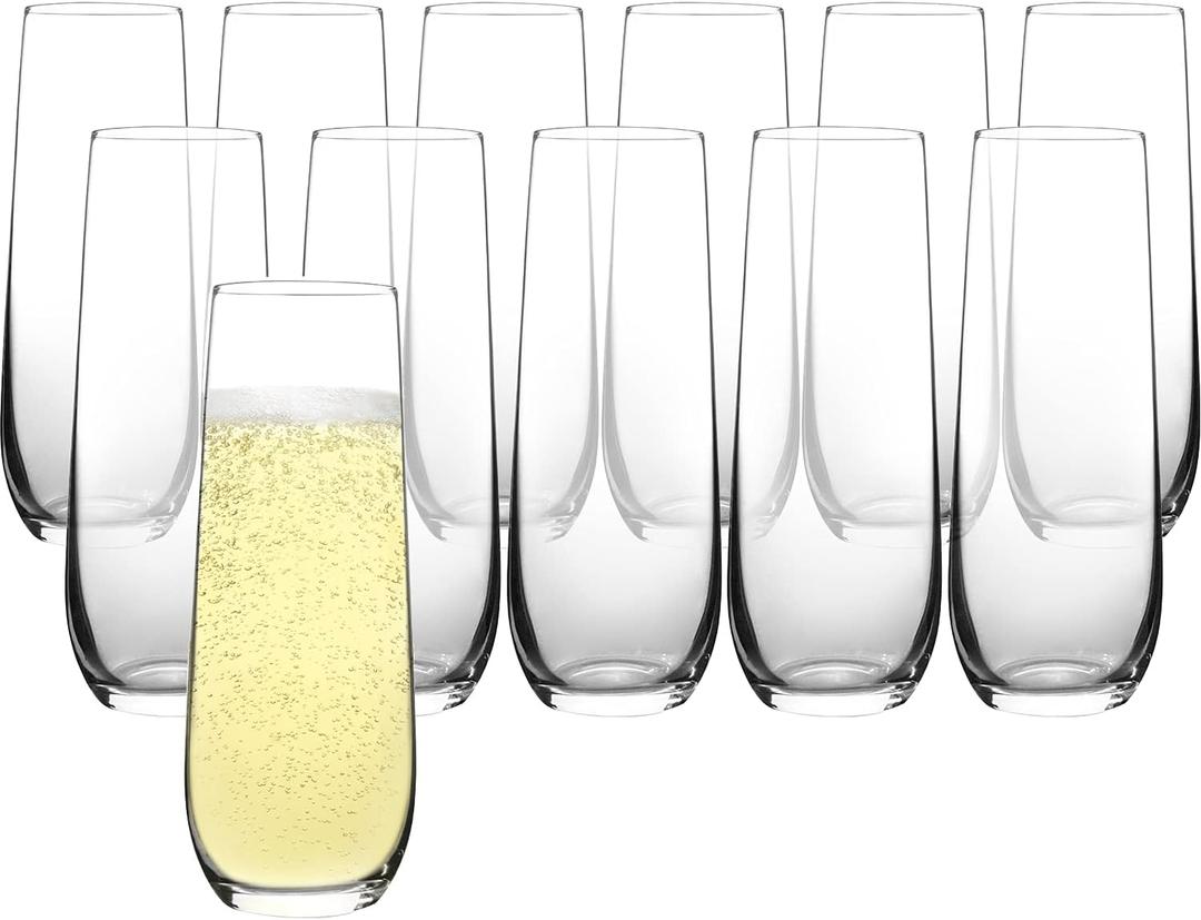 Stemless Champagne Flutes Set of 12, Crystal Glass, 8 oz Champagne Glasses, Prosecco Mimosa Glasses Set