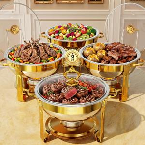 Chafing Dishes for Buffet, 6QT 4 Pack Round with Glass Lid, Gold