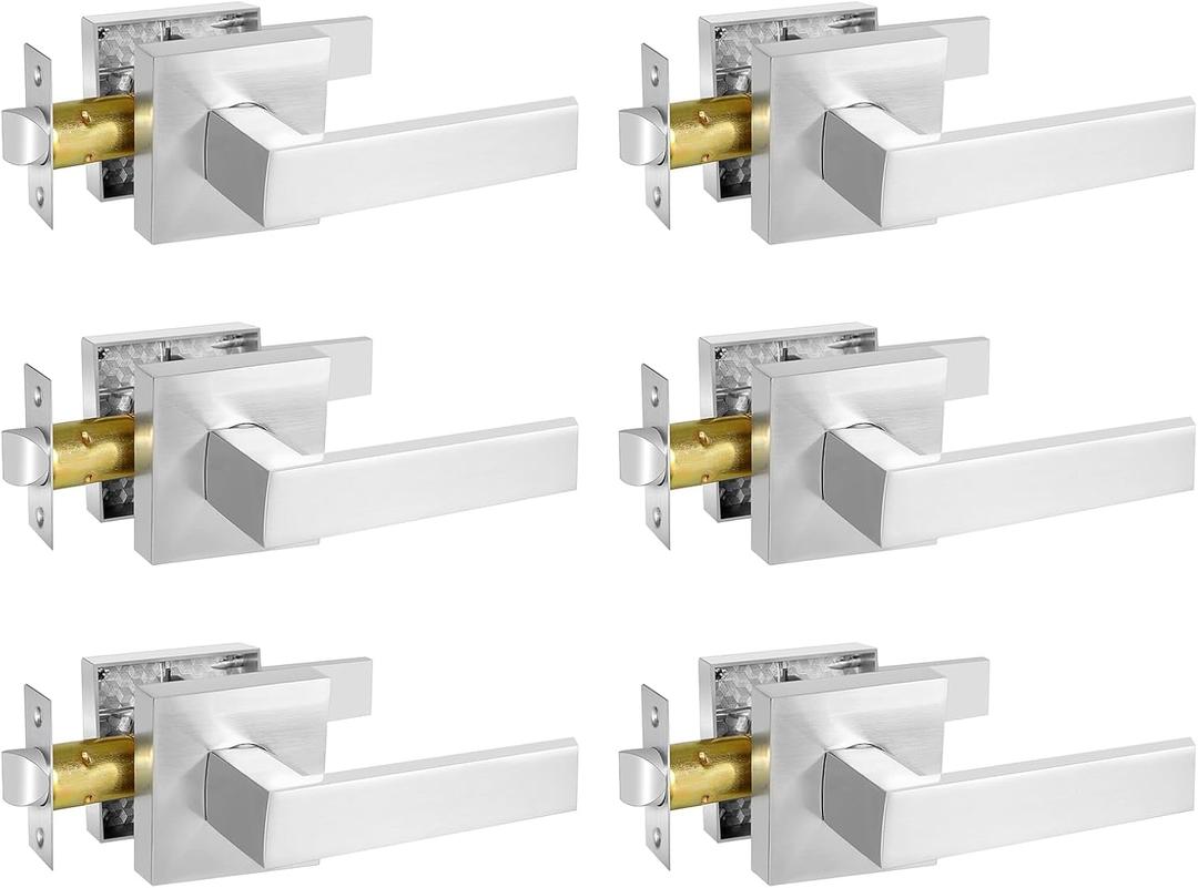 Square Passage Door Lever, Heavy Duty Interior Door Handles for Hallway& Closet Non-Locking Door Knob in Satin Nickel Keyless Door Lockset for Right & Left Side Door, 6 Pack Satin Nickle