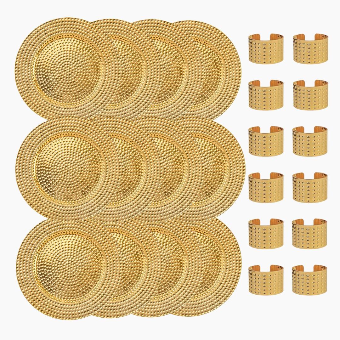 13 Inch Round Elegant Serve ware Charger Plates with Matching Napkin Rings, Wedding, Dinner party, Event - Choose from our Variety of Styles and Quantities (12, Hammered Gold)