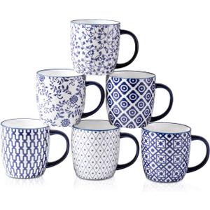 Ceramic Coffee Mugs Set - 10 OZ Large Porcelain Tea Cups with Handle for Milk Cappuccino Latte Cocoa Tea - Microwave Dishwasher Safe - Christmas Housewarming Gift -Set of 6 - Vintage Blue