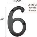 QCAA Traditional Heavy Solid Brass House Number 6, 4", US10B Oil Rubbed Bronze, 1 Pack, Made in Taiwan