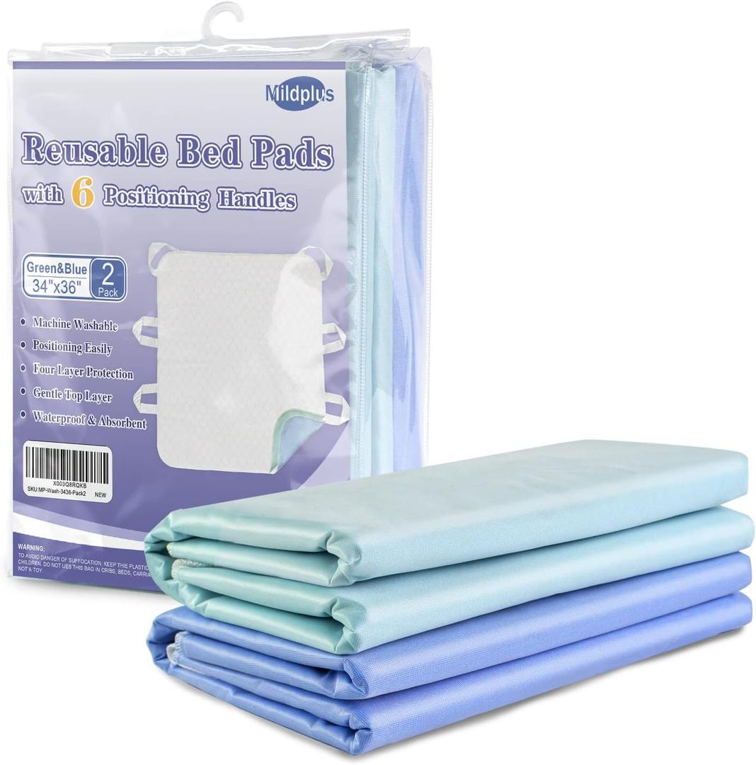 Washable Bed Pads with 6 Sturdy Handles 3436 Extra Large Reusable Underpads 4-Layers Leakproof Chucks Pads Washable for Incontinence (2 Pack)