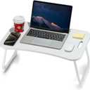 Laptop Bed Desk, Foldable Lap Table, Portable Study Table, Laptop Stand with Cup Holder & Tablet Slot & Lifting Handle for Working Writing Drawing & Eating - White