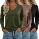 Ficerd 3 Pack Women's Long Sleeve T Shirts, V Neck Basic Tops Fall Casual Trendy Tees Loose Fit Soft Clothes Outfits, XXL