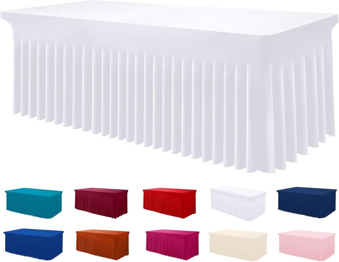 Smiry Spandex Tablecloth, Elastic Fitted Stretch Tablecloth for 8FT Rectangle Tables, Waterproof Washable Table Cover Skirt for Outdoor, Wedding, Banquet & Parties (White, 96Lx30Wx30H Inch)