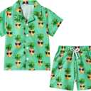 YUEMION Boys Hawaiian Outfit 2Pcs Set Summer Beach Button-Down Shirt Top + Shorts for Kids 2-10 Years (Green - Pineapple)-9-10 Years