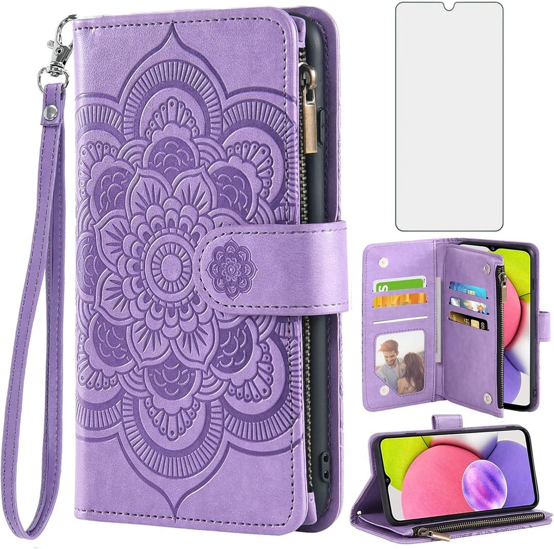 Asuwish Phone Case for Samsung Galaxy A03s US Version 5G 2022 Wallet Cover with Tempered Glass Screen Protector and Flip Card Holder Cell Accessories Gaxaly Ao3s A 03s SM-A037U SM A037U Women Purple