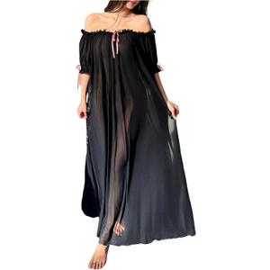 OYOANGLE Women's Off the Shoulder Sheer Nightgowns Bow Short Puff Sleeve Maxi Nightdress Sleepwear (Medium, Black)
