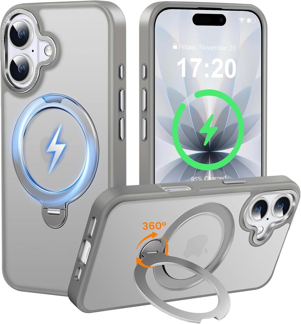 360 Spin Magnetic Stander for iPhone 17 Case [Compatible with Magnetic] [Built-in Kickstand] Mil-Grade Protective, Matte Non-Slip for iPhone 17 Phone Case(Gray)