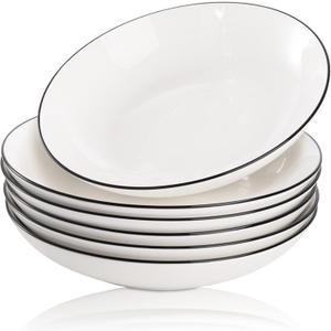 Dicunoy 6 Pack Pasta Plates, 8" Porcelain Salad Bowls, Shallow White Dinner Soup Serving Plate, Spaghetti Dishes with Black Rim for Cereal, Dessert, Snack, Microwave & Dishwasher Safe