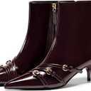 Coutgo Womens Buckle Strap Ankle Booties Kitten Low Heel Pointed Toe Y2K Boots Side Zipper Fall Shoes, Size 7, Burgundy