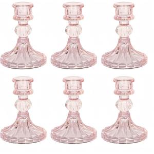 Glass Candlestick Holder,Striped Taper Candle Holders,Set of 6 Candle Stand for Table Centerpieces, Home Decor,Weddings,Festival and Parties (Light Pink Stripe)