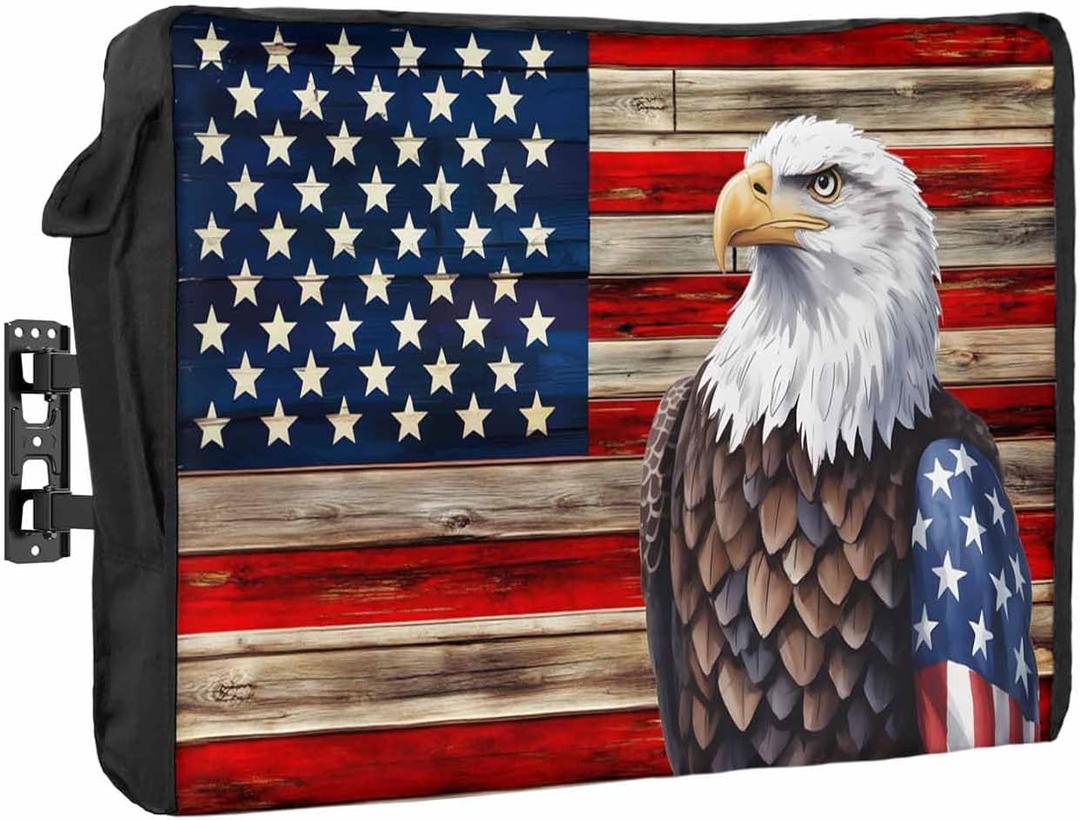 DecorLovee American Flag Outdoor TV Cover 48 to 50 Inches Weatherproof & Waterproof, Vintage Blue Red USA Flag Outdoor TV Enclosure with Remote Control Pocket, Eagle TV Screen Protectors for TV