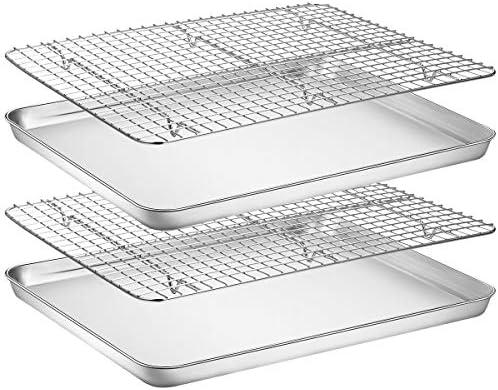 Baking Sheet with Rack Set [2 Pans + 2 Racks], Wildone Stainless Steel Cookie Sheet Baking Pan Tray with Cooling Rack, Size 18 x 13 x 1 Inch, Non Toxic & Heavy Duty & Easy Clean