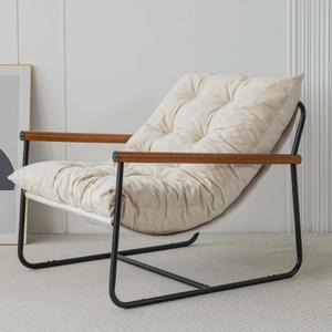 MAXYOYO Accent Chair, Velvet Arm Chair Living Room Chair with Metal Frame, Reading Accent Chair, Modern Bedroom Chair, Boucle Armchair with Wooden Arms, Beige (Standard)