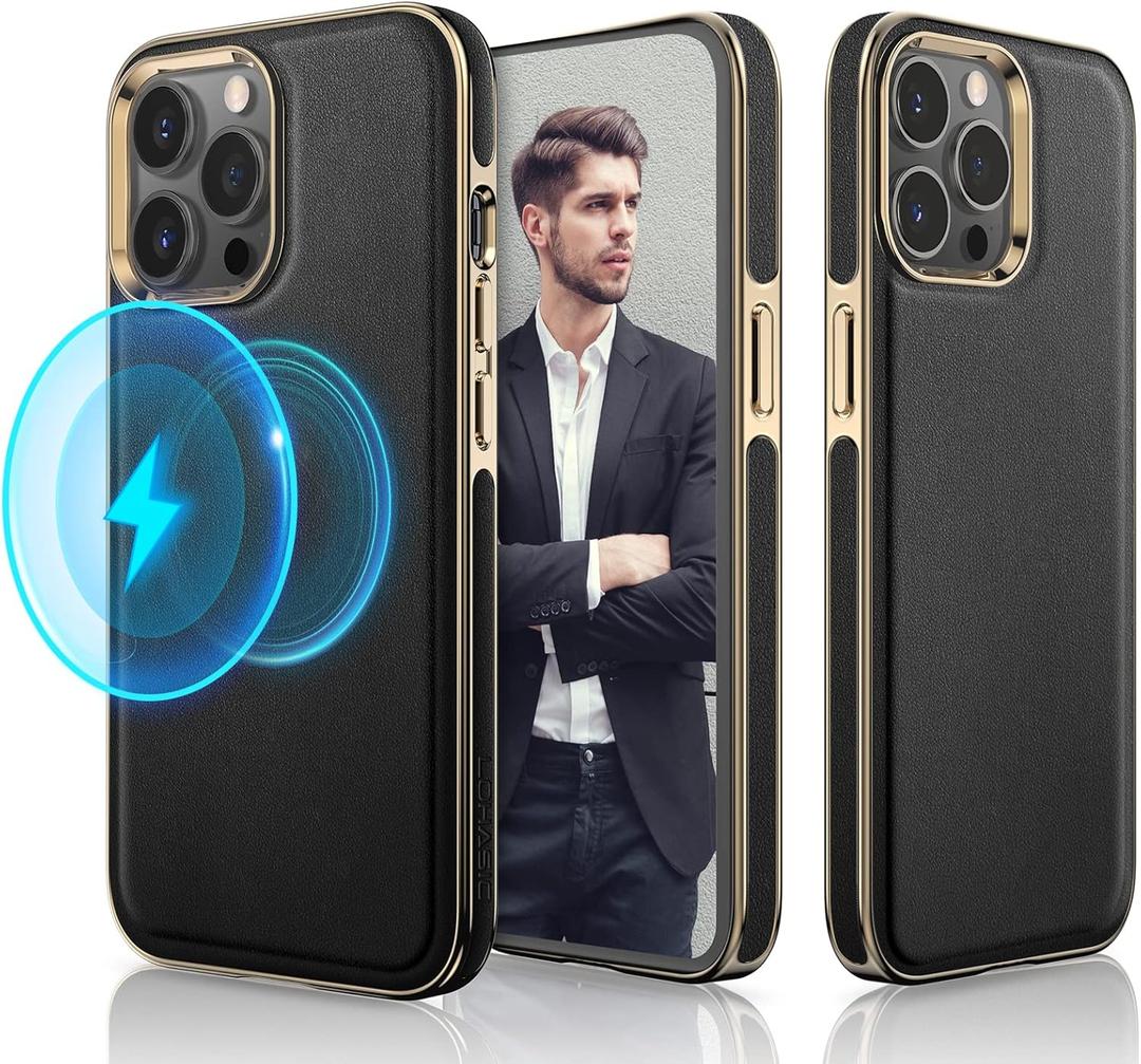 LOHASIC Compatible with iPhone 14 Pro Max Phone Case, Classic Leather with Anti-Scratch Microfiber Lining Inner Cover Shockproof Magnetic Cases for iPhone 14 Pro Max 6.7 inch - Black Gold