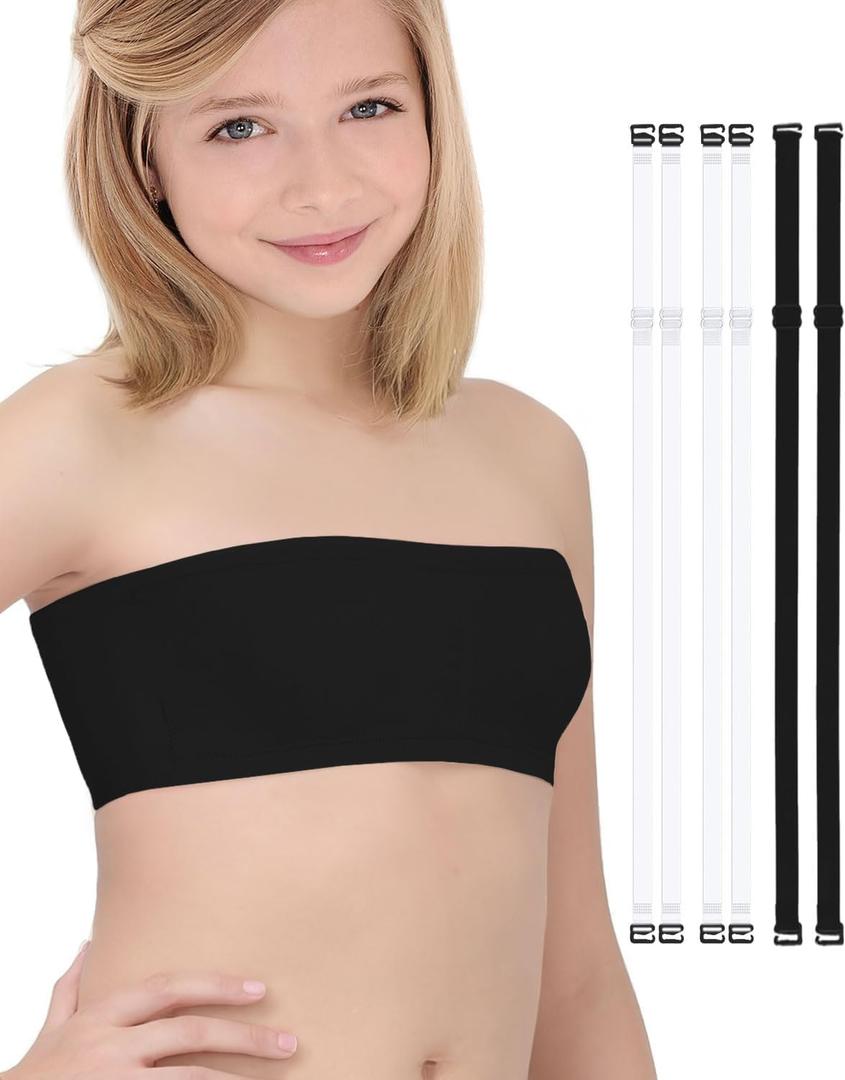 iMucci Girls Bandeau Bra Seamless Clear Strap Training Bras for Girls Sports Tube Top with Adjustable Clear Straps, 10-13 Years, Black