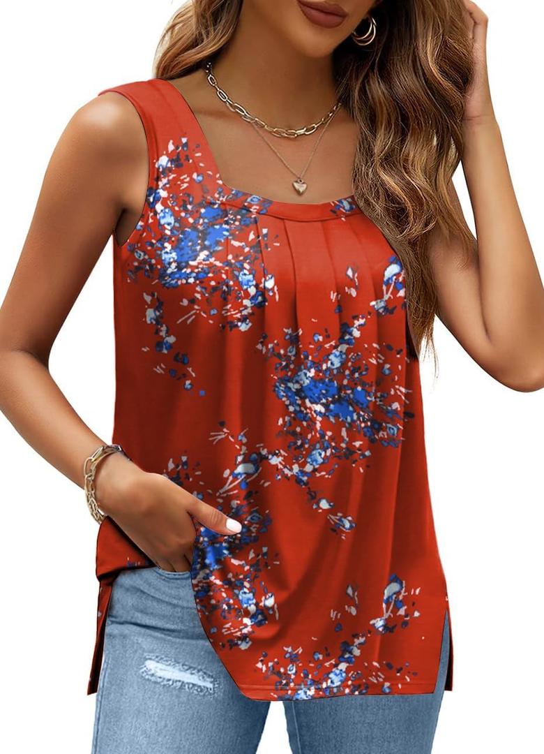 Summer Tank Tops for Women Pleated Square Neck Side Slit Tops Loose Fit Curved Hem Flowy (XXL)