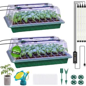 Seed Starter Tray with Grow Light, 2 Pack 80-Cell Seedling Starter Kit with Smart Timer & Humidity Dome, Indoor Plant Germination Kit with 100pcs Nursery Bags & 2-in-1 Sprinkler for Seed Starting