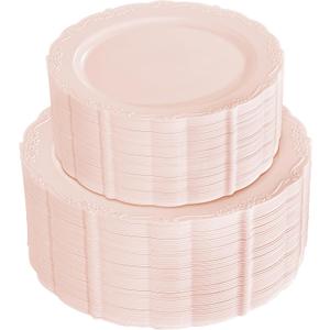 U-QE 100PCS Mauve Pink Plastic Plates - Plastic Party Plates Disposable Heavy Duty - Pink Disposable Plates for Party Including 50PCS 10.25'' Dinner & 50PCS 7.5'' Dessert