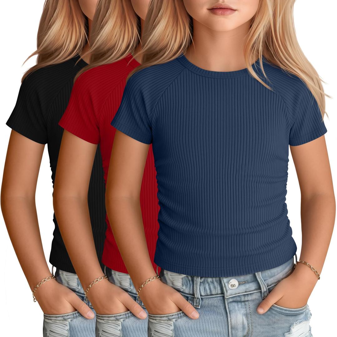LessonZoo 3 Pack Girls Short Sleeve Cute Shirts, 3-Color, 9-10 Years