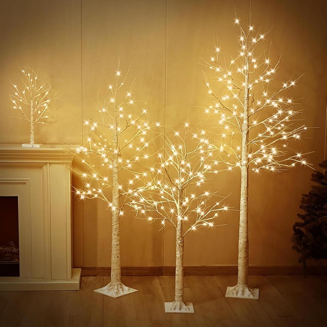 Set of 4 - Birch Tree with LED Lights, 2FT 4FT 5FT 6FT White Christmas Tree, Prelit Artifical Tree Outdoor Christmas Decorations, Lighted Twig Tree, Indoor Outdoor Home Yard Chirstmas Decor
