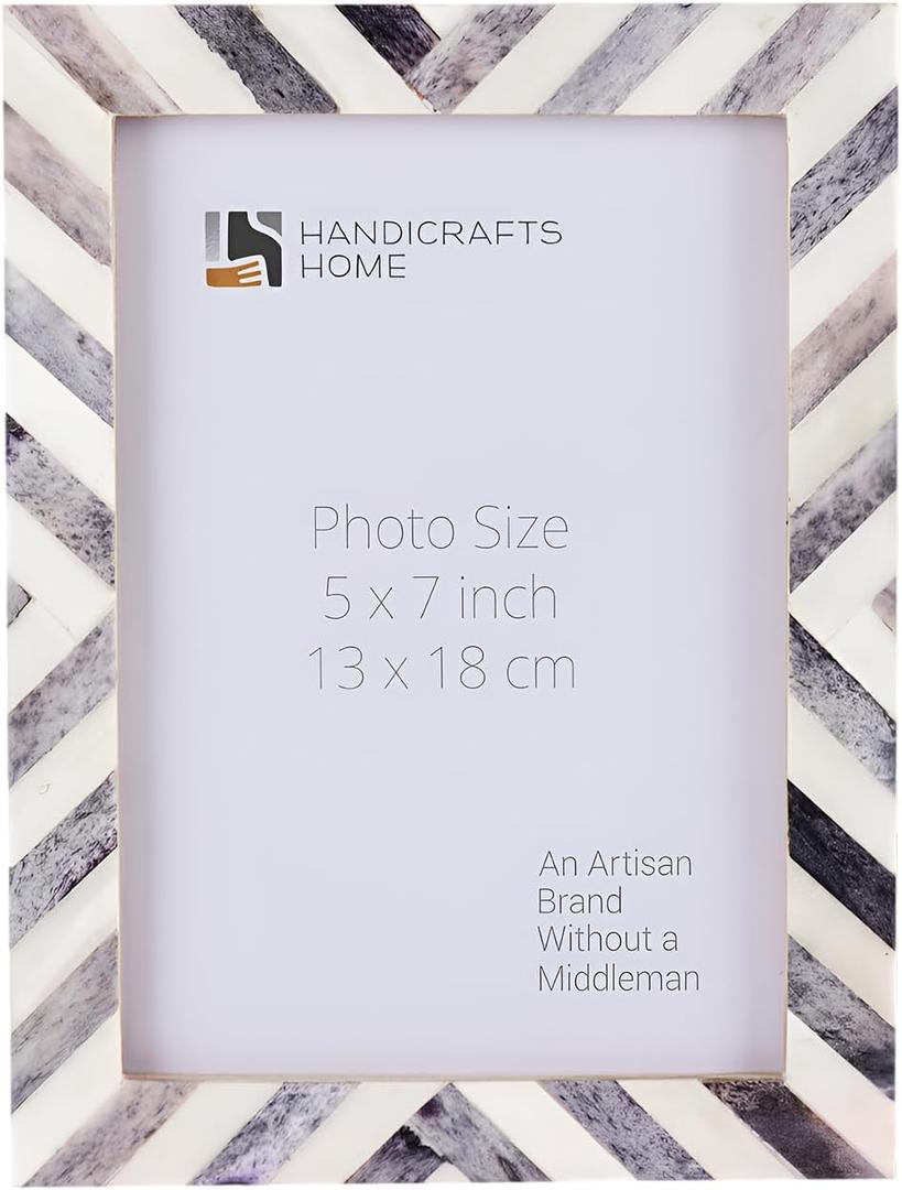 Handicrafts Home 4x6 Grey & white Picture Frame, Christmas Decor Handmade chevron Bone Inlay Photo Frame for Modern Farmhouse Decor, Minimalist Wall Decor, Neutral Home Aesthetic, Rustic Shelf Styling, Wedding Gift, Vintage Living Room Decor & Desk Picture Frame