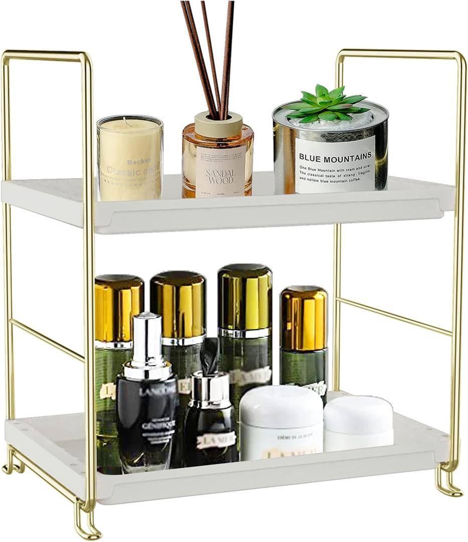 2-Tier Makeup Perfume Counter Organizer, Bathroom Countertop Shelf Vanity Bedroom Storage Tray,Kitchen Spice Rack Standing Shelf(Gold,White) (Square)